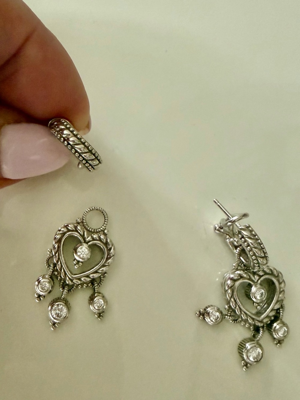 Silver tone Heart Drop Earrings - with round cut shape C Z Heart dangle earrings - Picture 9 of 11